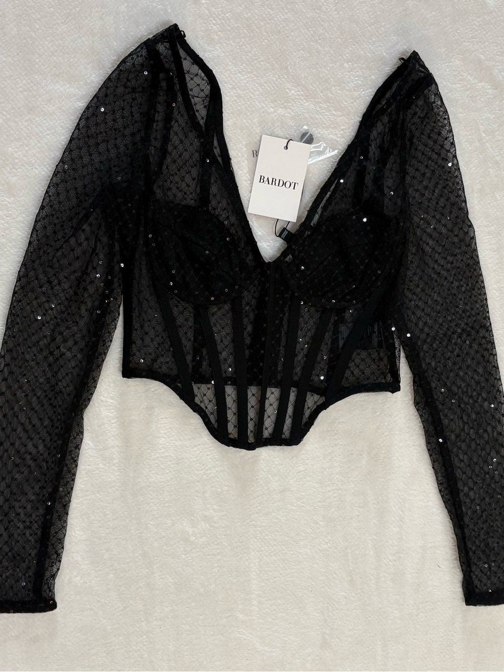 Bardot Black Sequin Mesh Corset Top with Long Sheer Sleeves